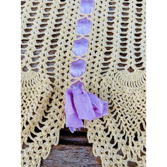 Vintage Yellow crochet Purple Ribbon Half apron - Picture 6 of 10
